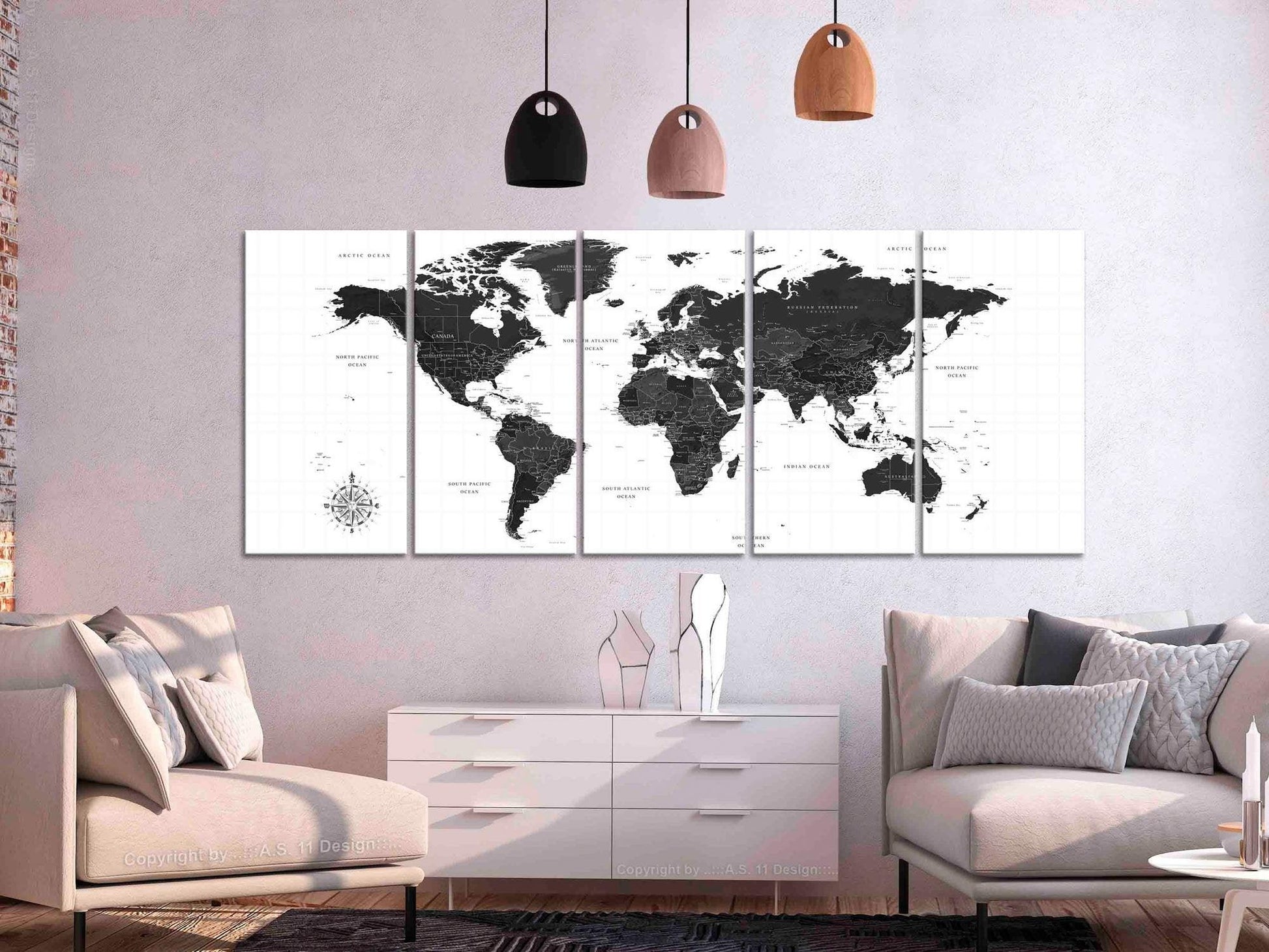 Canvas Print - Black and White Map (5 Parts) Narrow - www.trendingbestsellers.com