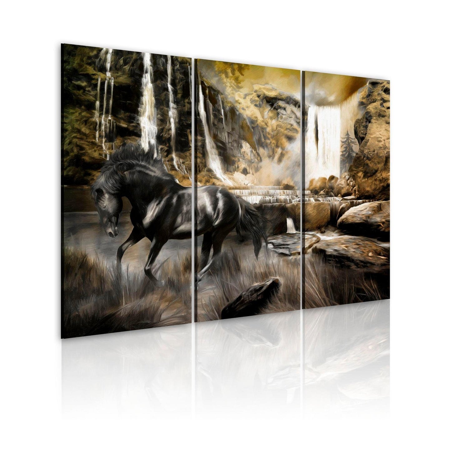 Canvas Print - Black horse and rocky waterfall - www.trendingbestsellers.com