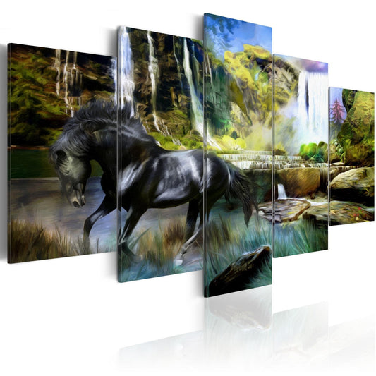 Canvas Print - Black horse on the background of paradise waterfall - www.trendingbestsellers.com
