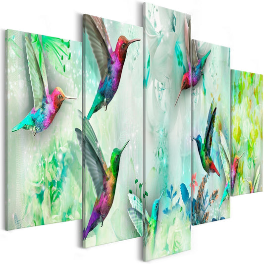 Canvas Print - Colourful Hummingbirds (5 Parts) Wide Green - www.trendingbestsellers.com