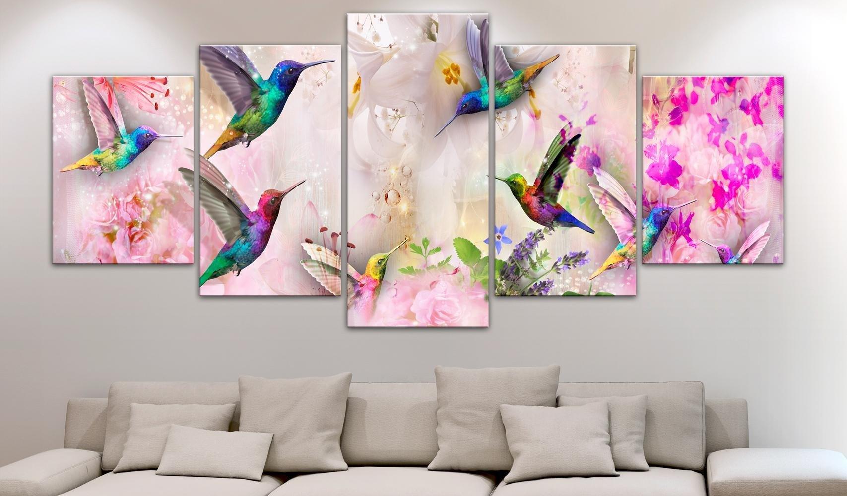 Canvas Print - Colourful Hummingbirds (5 Parts) Wide Pink - www.trendingbestsellers.com