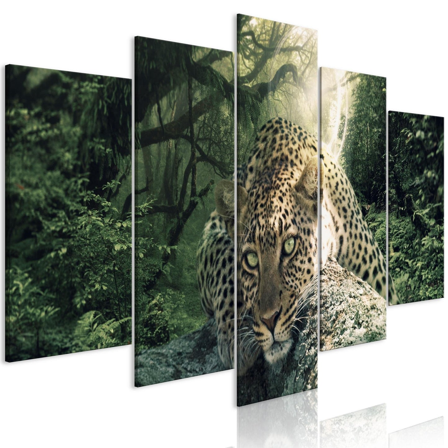 Canvas Print - Leopard Lying (5 Parts) Wide Pale Green - www.trendingbestsellers.com