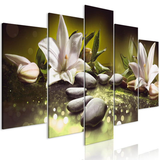 Canvas Print - Lilies and Stones (5 Parts) Wide Green - www.trendingbestsellers.com