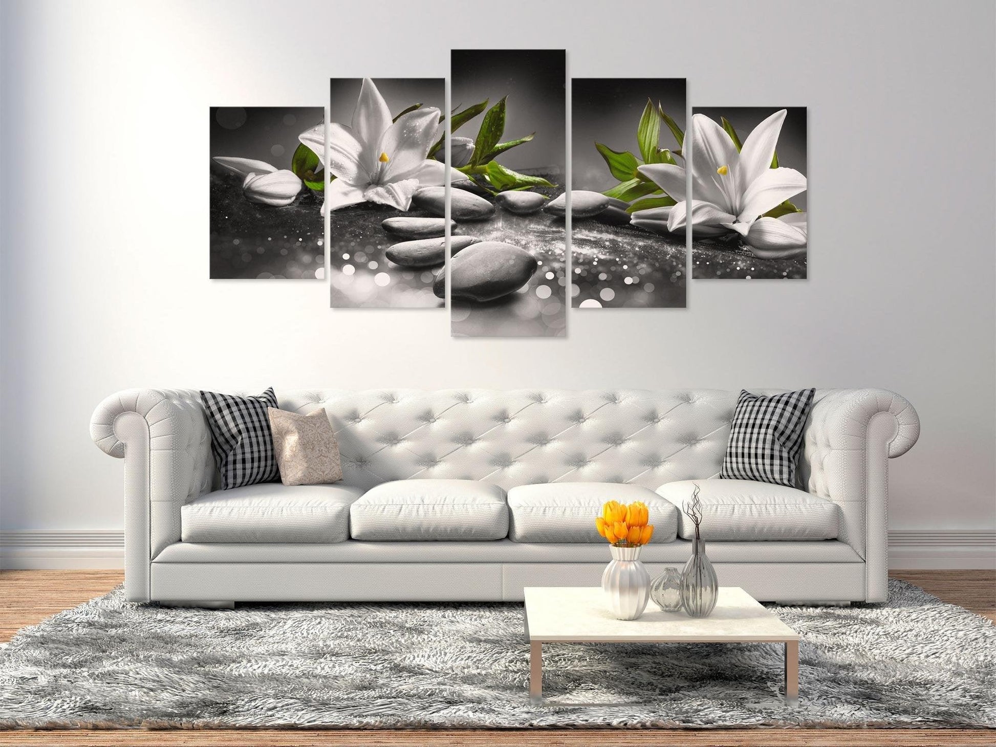 Canvas Print - Lilies and Stones (5 Parts) Wide Grey - www.trendingbestsellers.com