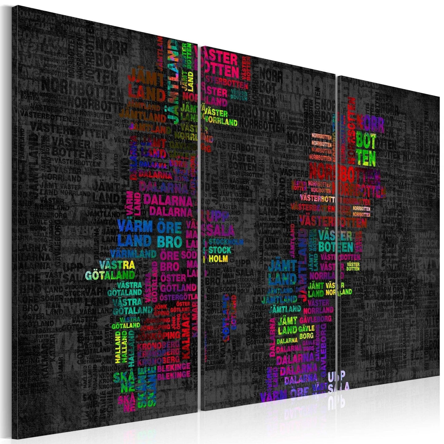 Canvas Print - Map of Sweden (colored names of cities) - triptych - www.trendingbestsellers.com
