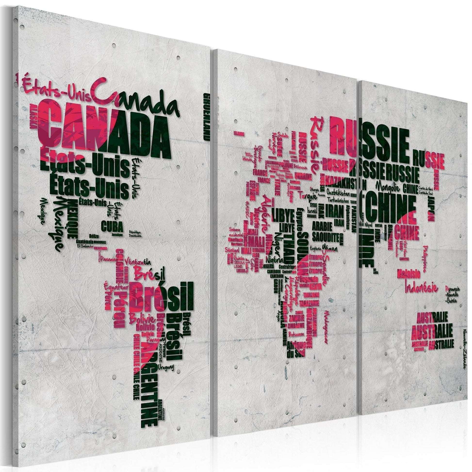 Canvas Print - Map of the World (French language) - triptych - www.trendingbestsellers.com