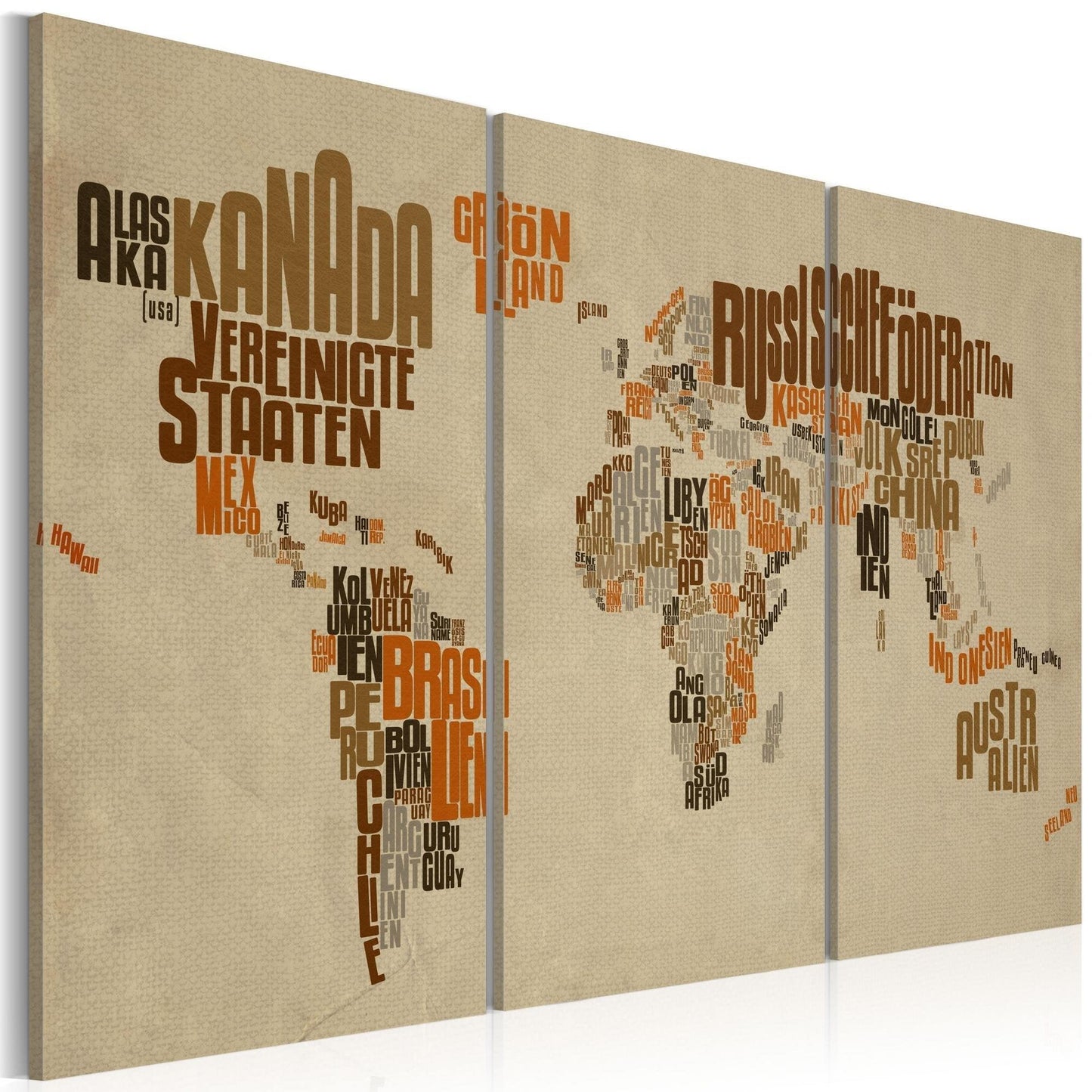 Canvas Print - Map of the World (German language) - triptych - www.trendingbestsellers.com