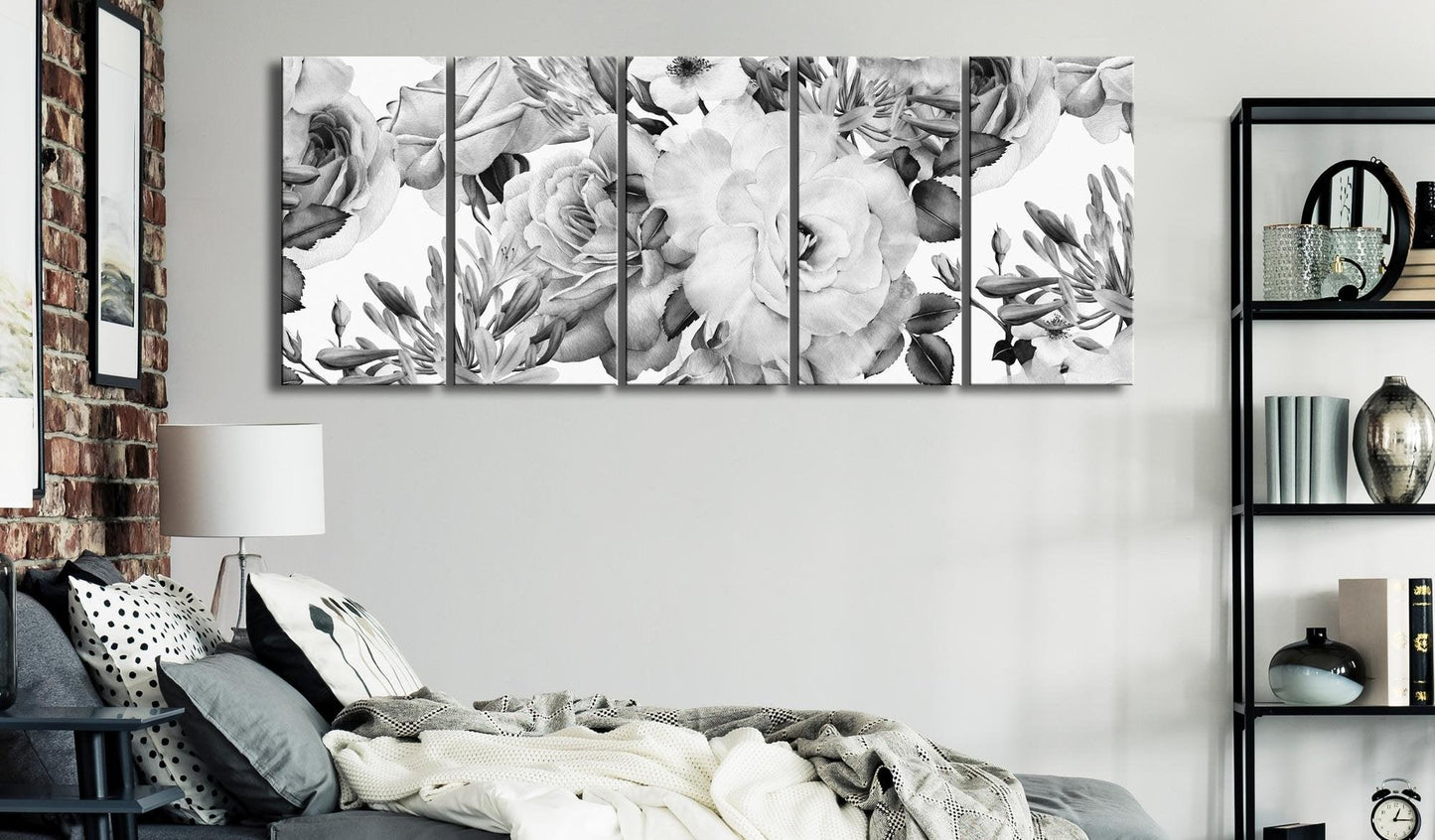 Canvas Print - Rose Composition (5 Parts) Narrow Black and White - www.trendingbestsellers.com