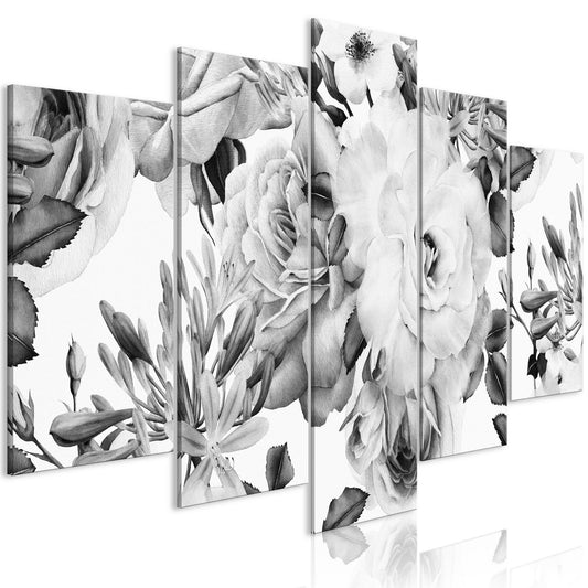 Canvas Print - Rose Composition (5 Parts) Wide Black and White - www.trendingbestsellers.com