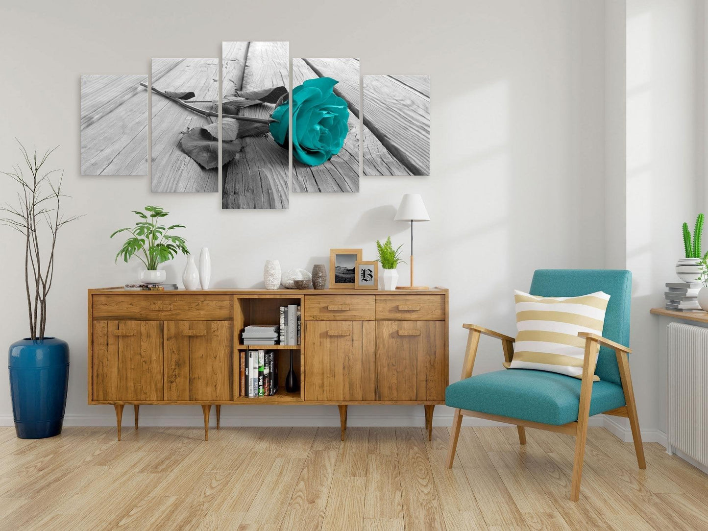 Canvas Print - Rose on Wood (5 Parts) Wide Turquoise - www.trendingbestsellers.com