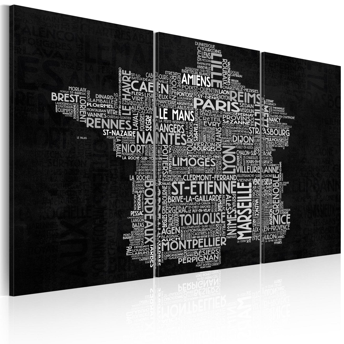 Canvas Print - Text map of France on the black background - triptych - www.trendingbestsellers.com
