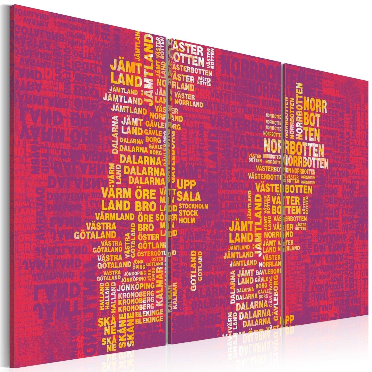 Canvas Print - Text map of Sweden (pink background) - triptych - www.trendingbestsellers.com
