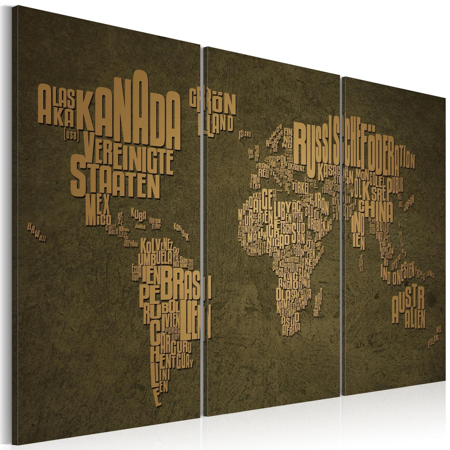 Canvas Print - The map of the World, German language:Beige continents - triptych - www.trendingbestsellers.com