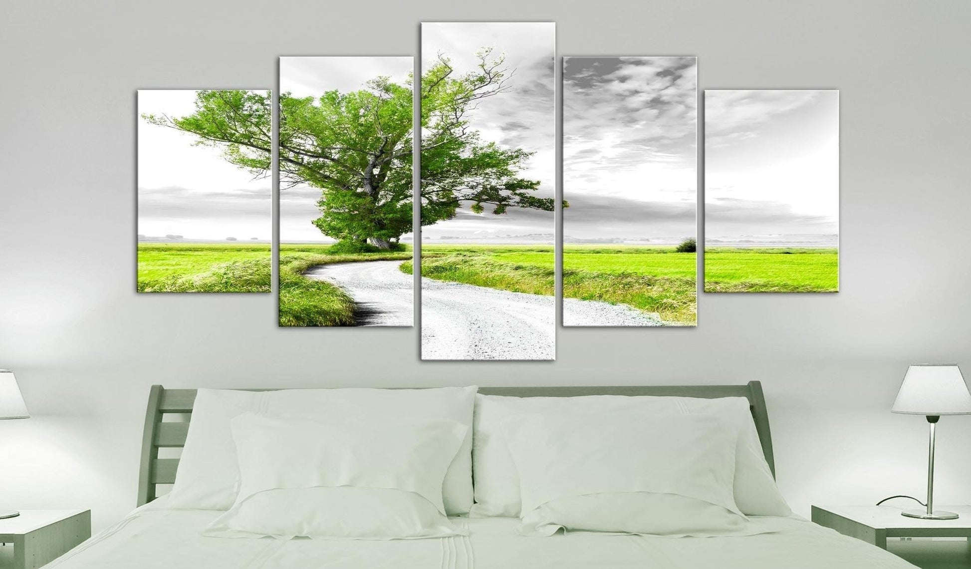 Canvas Print - Tree near the Road (5 Parts) Green - www.trendingbestsellers.com
