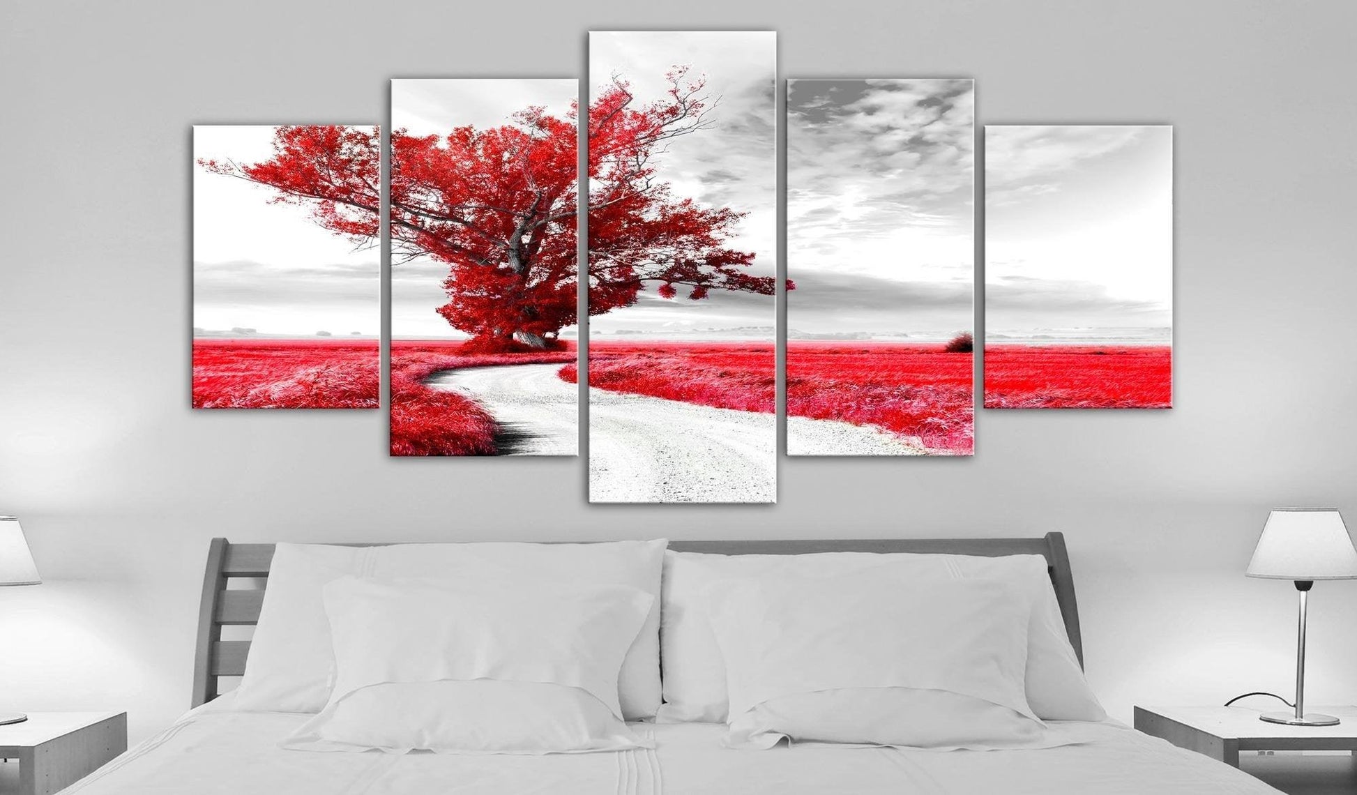 Canvas Print - Tree near the Road (5 Parts) Red - www.trendingbestsellers.com