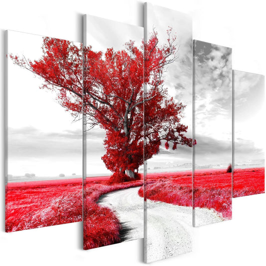 Canvas Print - Tree near the Road (5 Parts) Red - www.trendingbestsellers.com