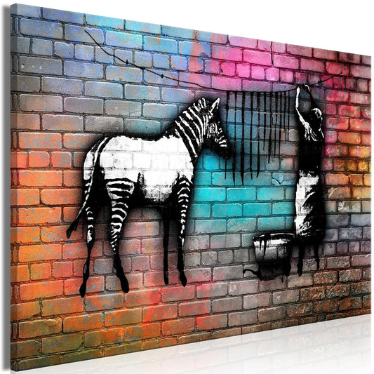 Canvas Print - Washing Zebra - Colourful Brick (1 Part) Wide - www.trendingbestsellers.com
