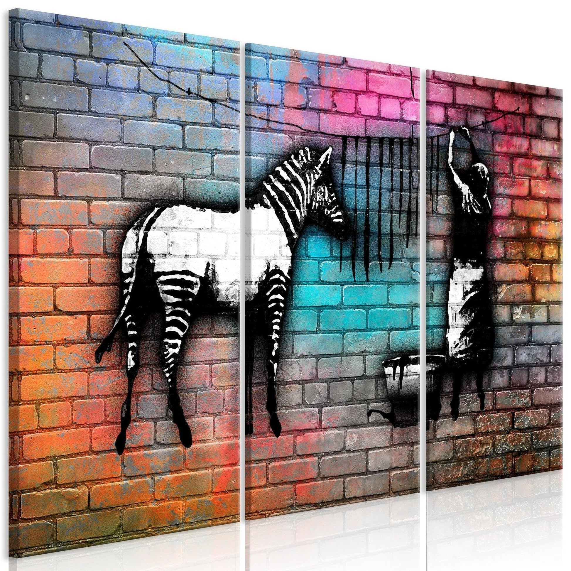 Canvas Print - Washing Zebra - Colourful Brick (3 Parts) - www.trendingbestsellers.com