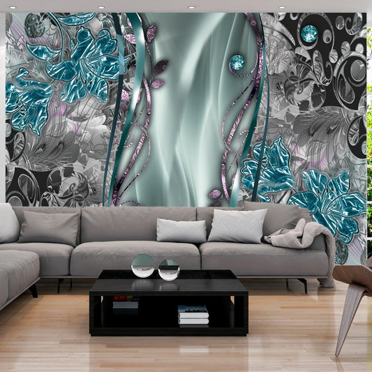Peel and stick wall mural - Floral Curtain (Turquoise) - www.trendingbestsellers.com