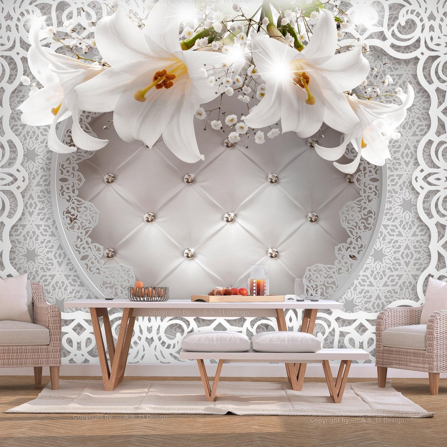 Peel and stick wall mural - Lilies and Quilted Background - www.trendingbestsellers.com