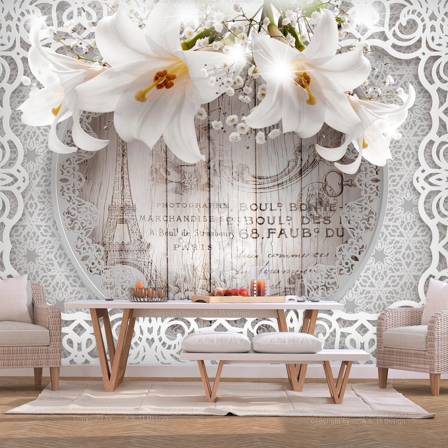 Peel and stick wall mural - Lilies and Wooden Background - www.trendingbestsellers.com